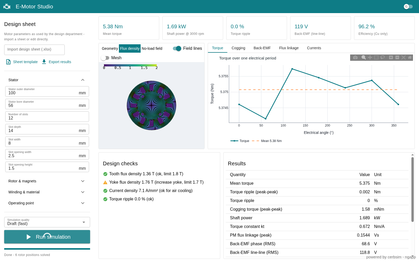 E-Motor Studio: simulation results with flux density field view